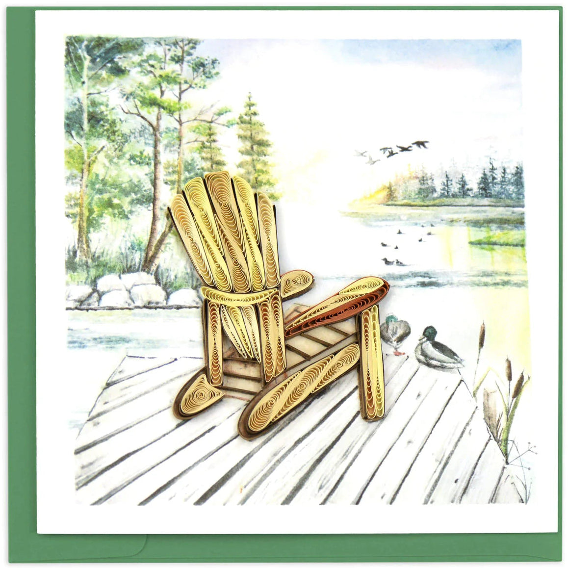 Wooden Adirondack chair on a dock with a lake and trees in the background