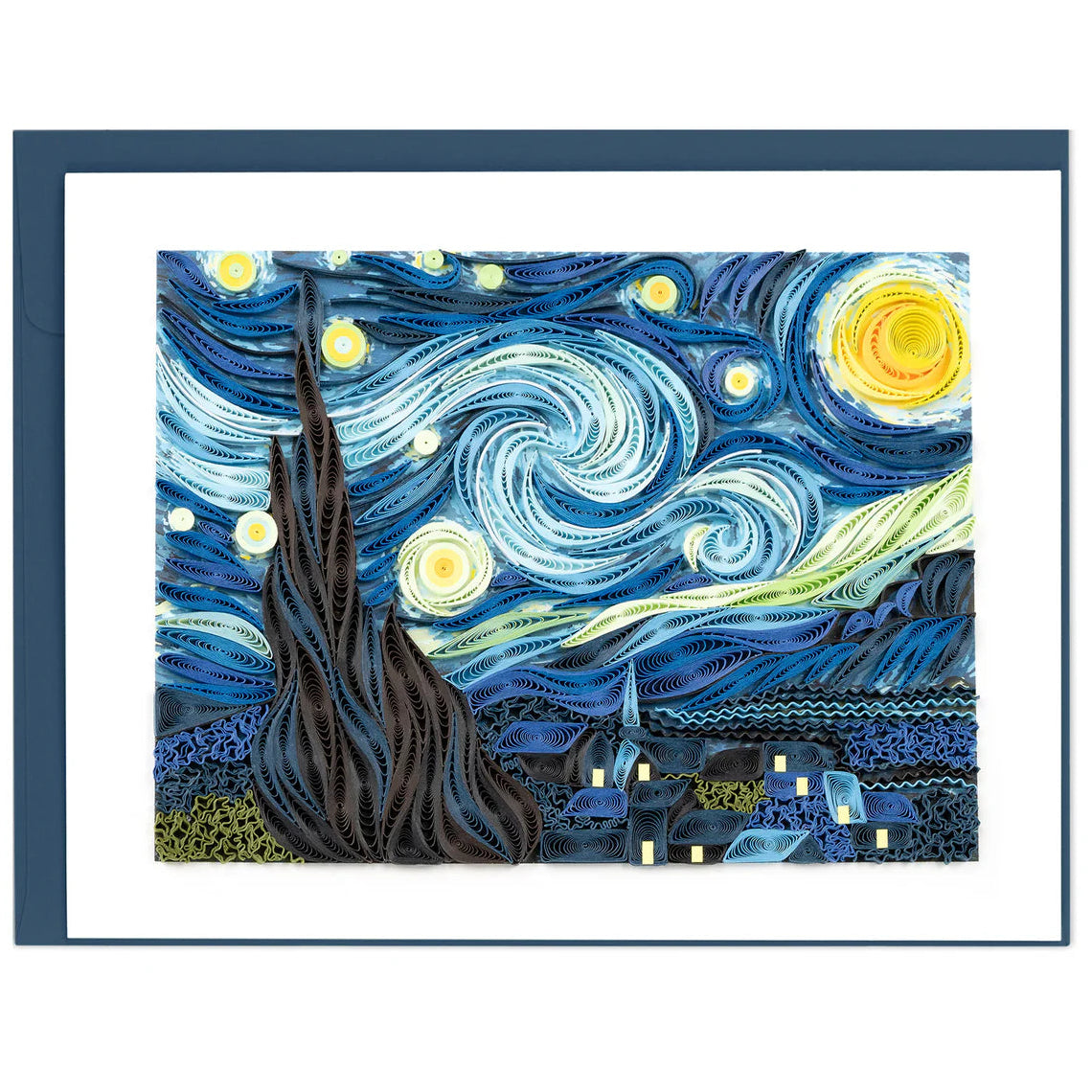 Framed artwork resembling 'Starry Night' with swirling blue and yellow patterns.