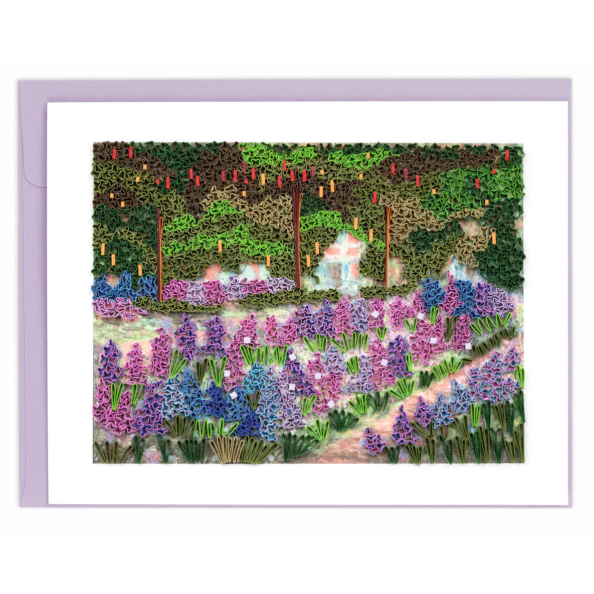 Framed artwork of a garden scene with flowers and trees on a white background