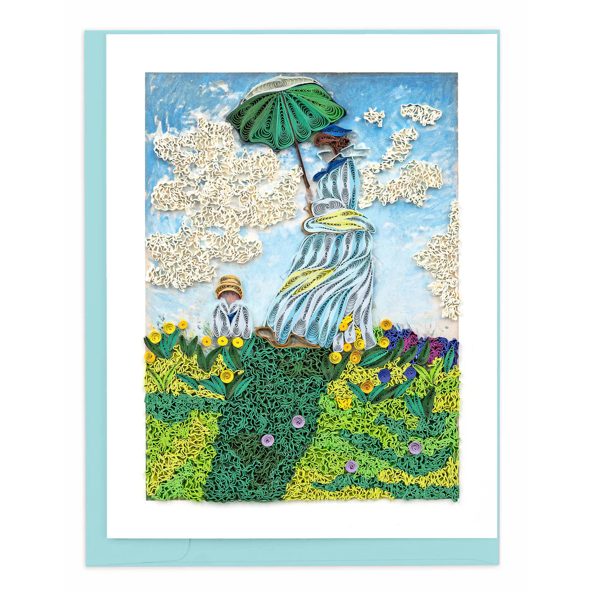 Artistic depiction of a woman with an umbrella in a garden setting