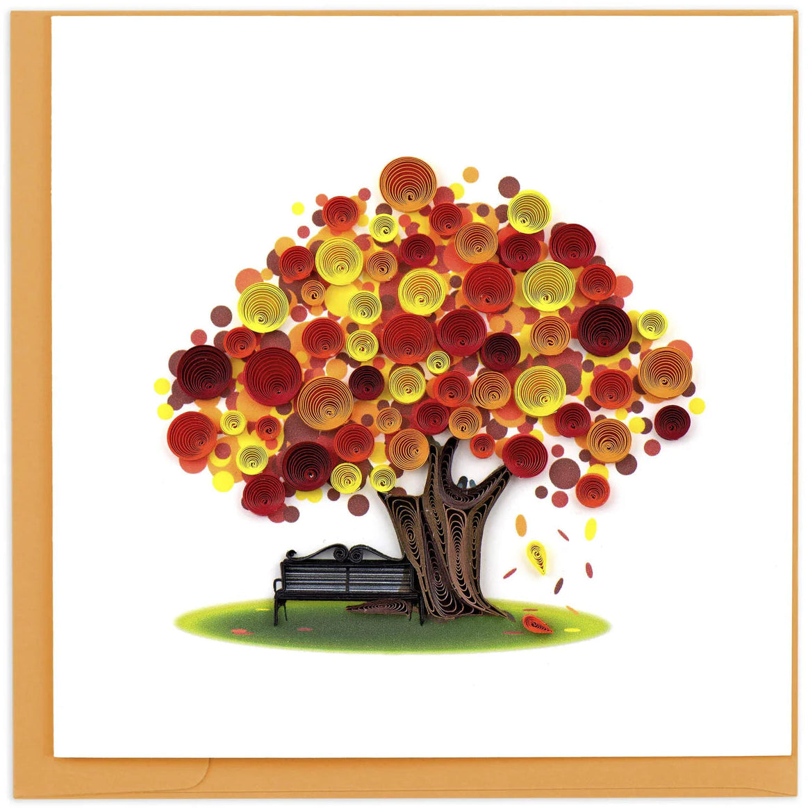 Colorful tree greeting card with autumn leaves and a bench underneath on a white background