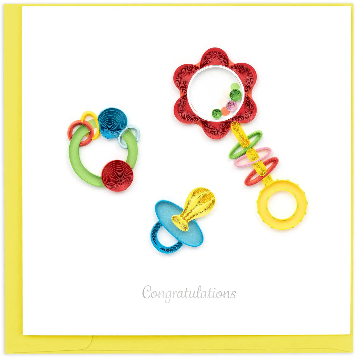 Colorful baby toys on a white background with 'Congratulations' text.