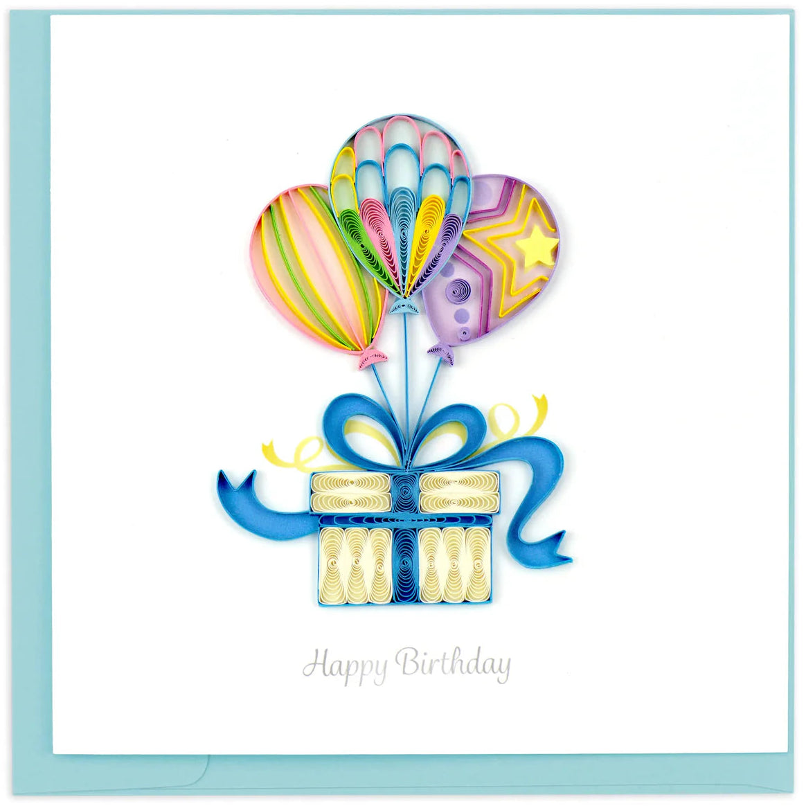 Birthday card with colorful balloons and a gift box on a white background