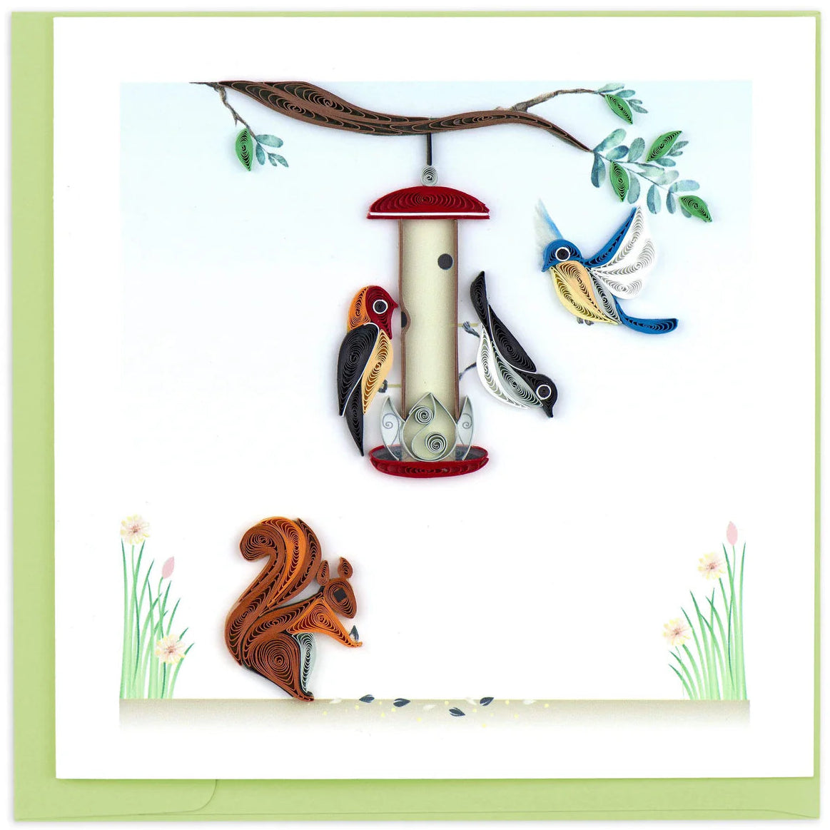 Quilled card with a bird feeder, birds, and a squirrel on a white background
