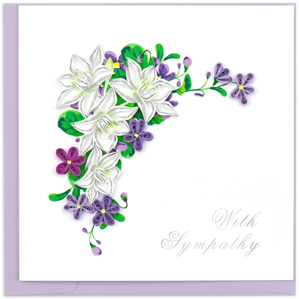 Floral card with white lilies and purple flowers on a white background and With Sympathy written