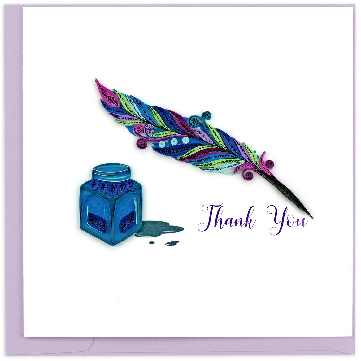 Colorful quill pen with ink bottle and 'Thank You' text on a white background