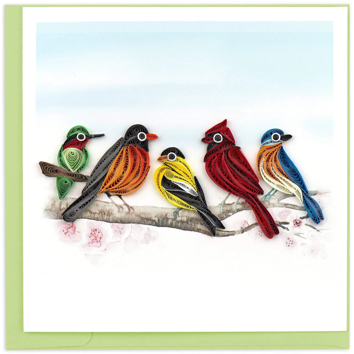 quilled paper songbirds on a tree branch with a white background