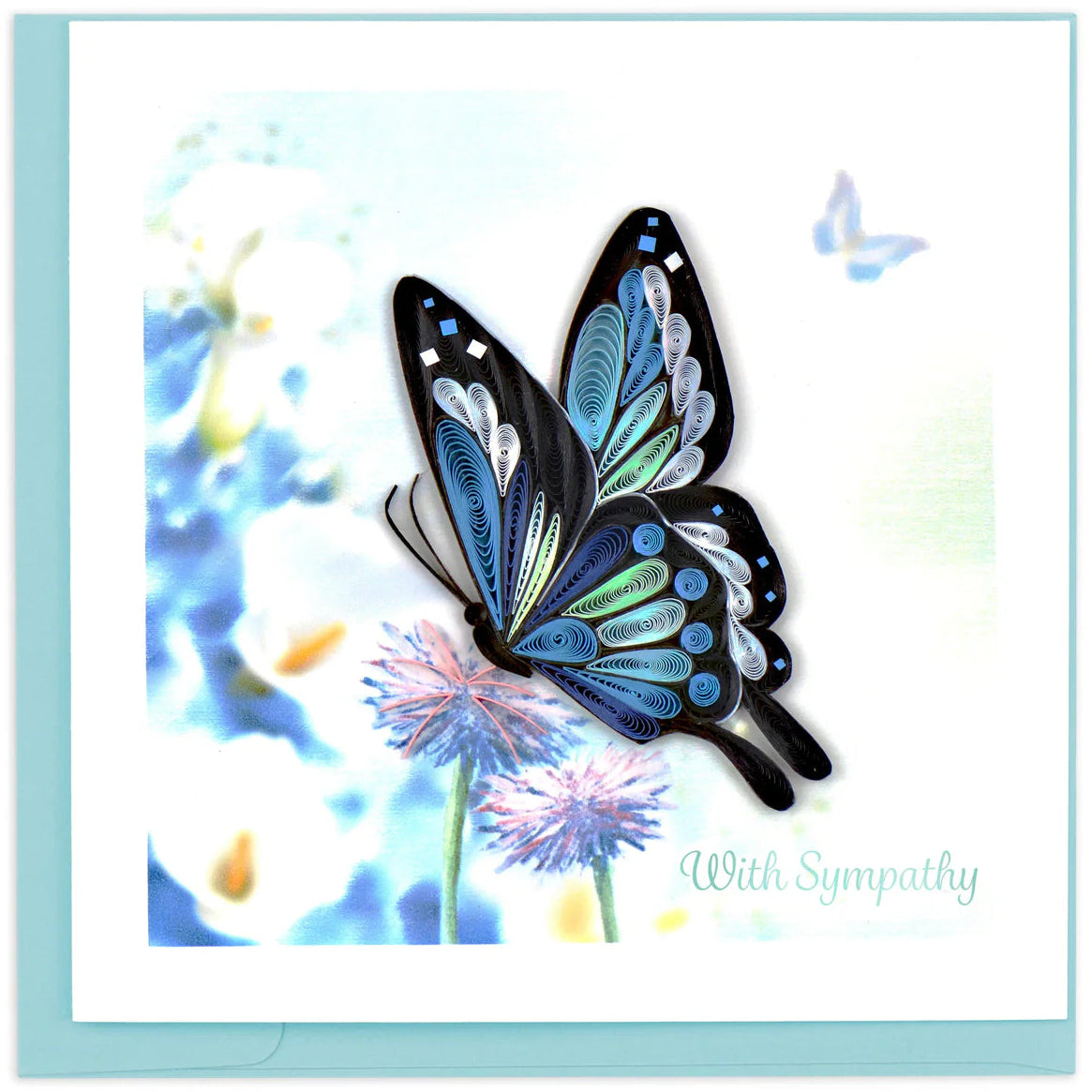 Greeting card with a blue butterfly design and 'With Sympathy' text on a light blue border.