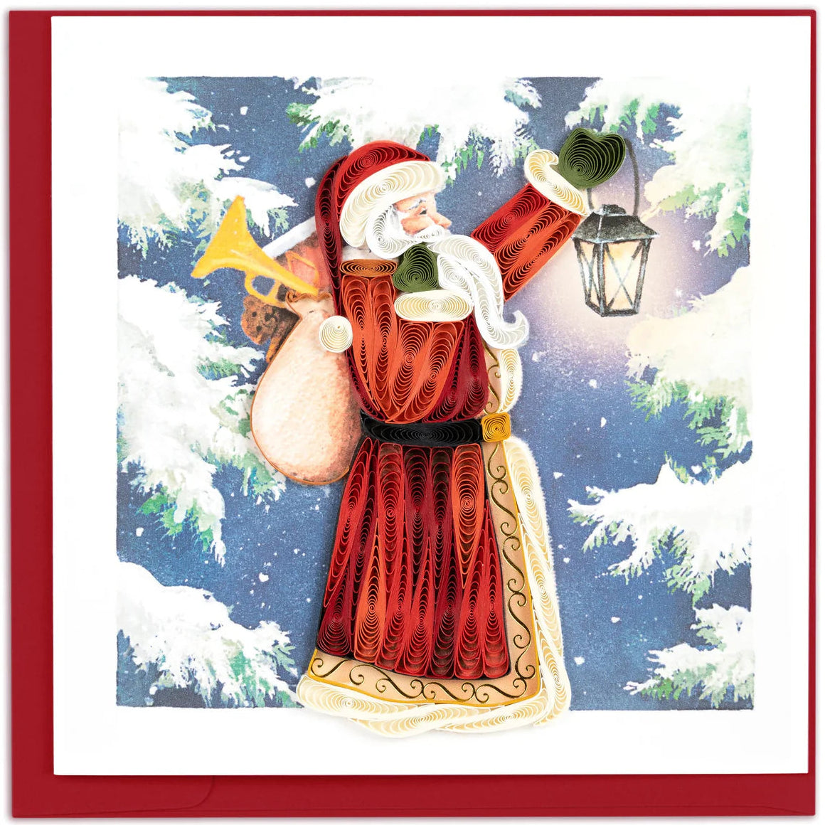 Vintage-style Christmas card with a detailed illustration of Santa Claus holding a lantern and horn against a snowy background.