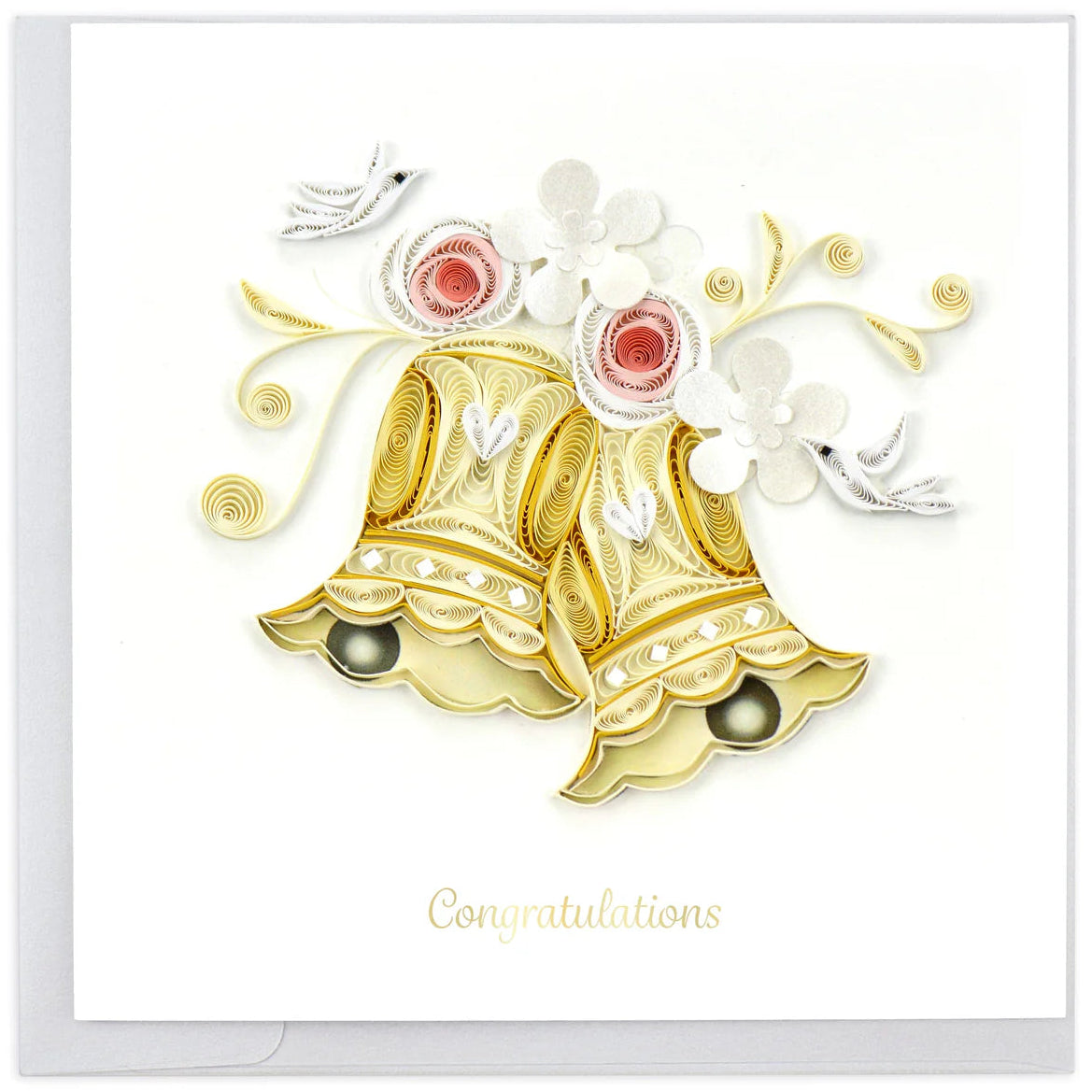 Decorative card with a gold bell and flowers on a white background