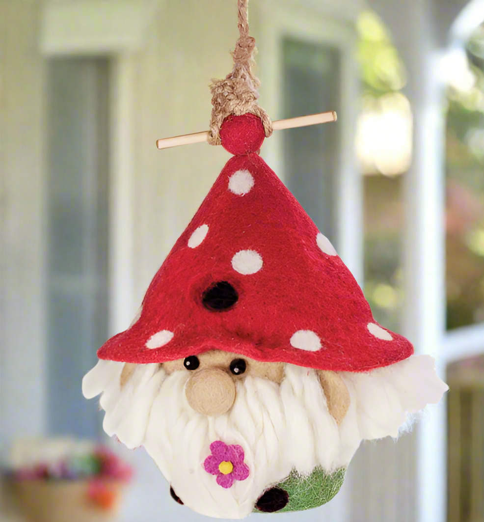 handmade wool gnome birdhouse