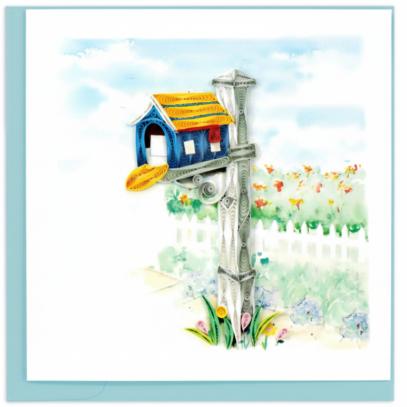 card with a picture of mailbox on a post with a fence and garden in the background