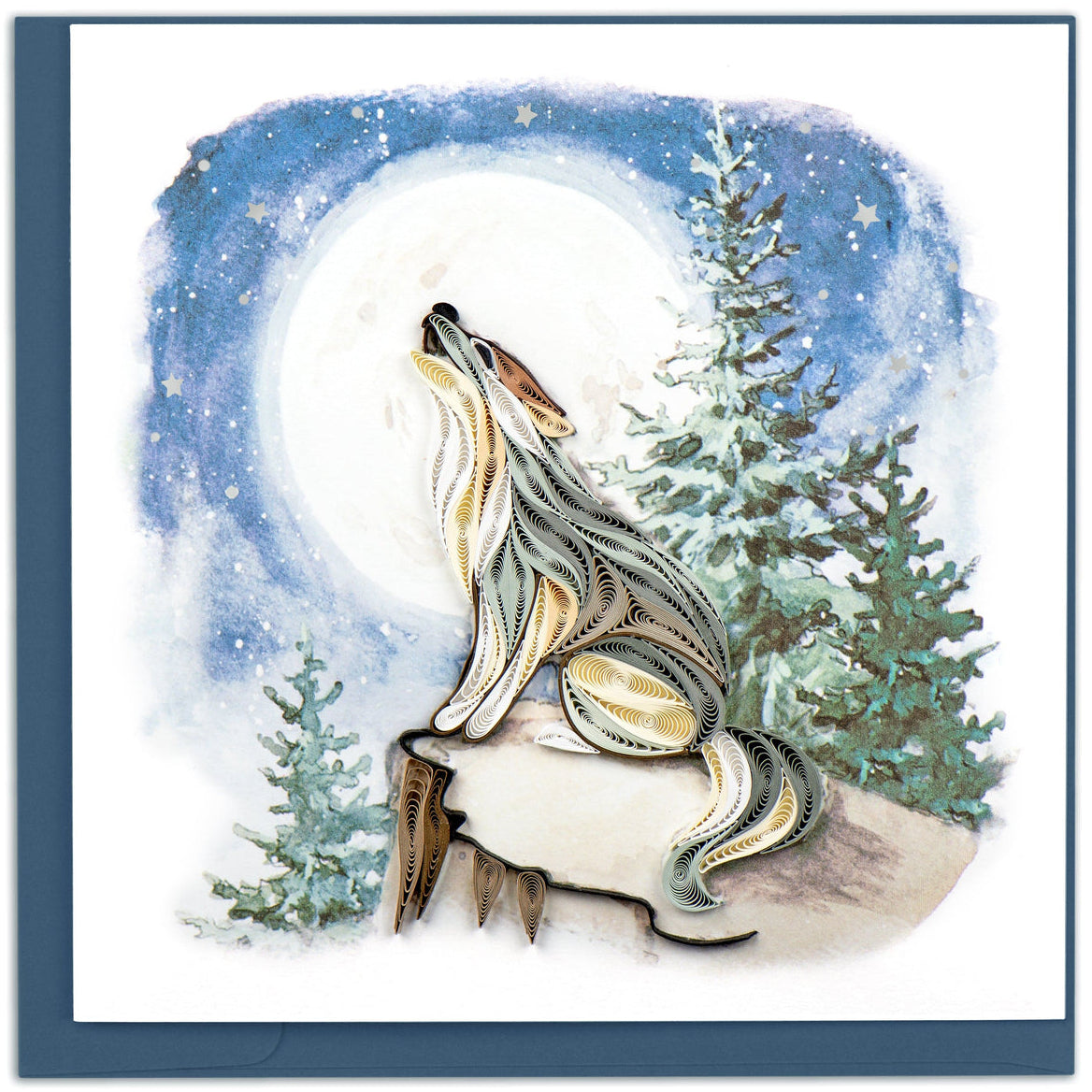 Card with a stylized wolf howling at the moon in a snowy landscape