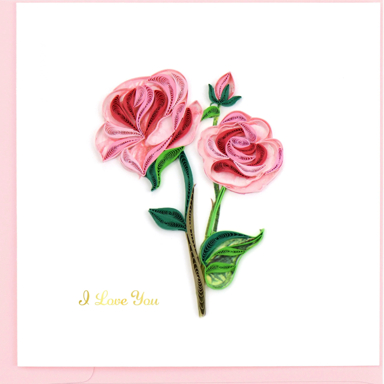 quilled paper pink roses with green leaves on a white background with 'I Love You' text.