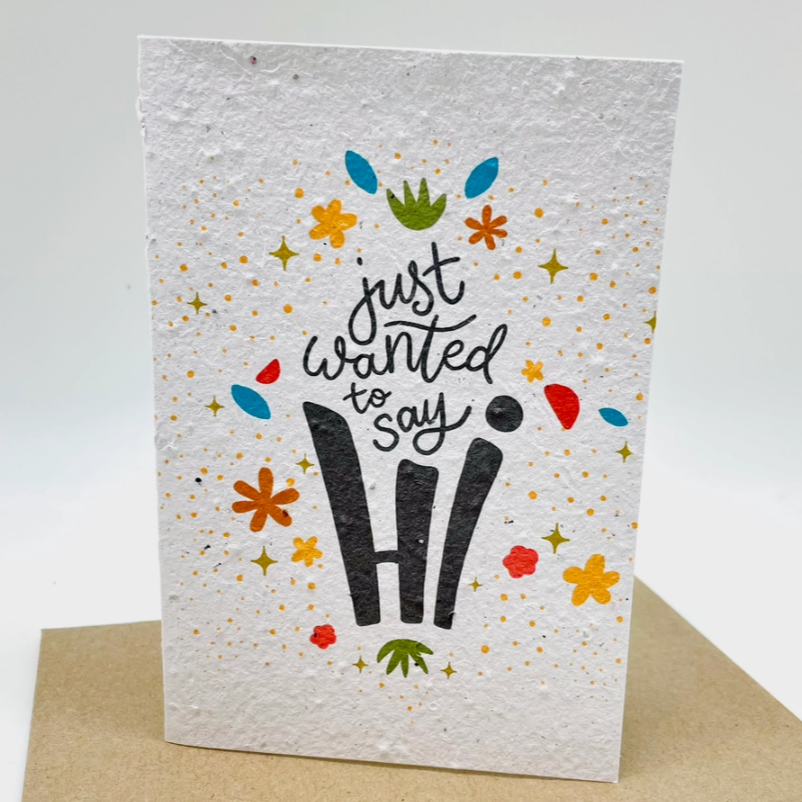 Handmade card with 'Just Wanted to Say Hi' text and decorative elements on a white background