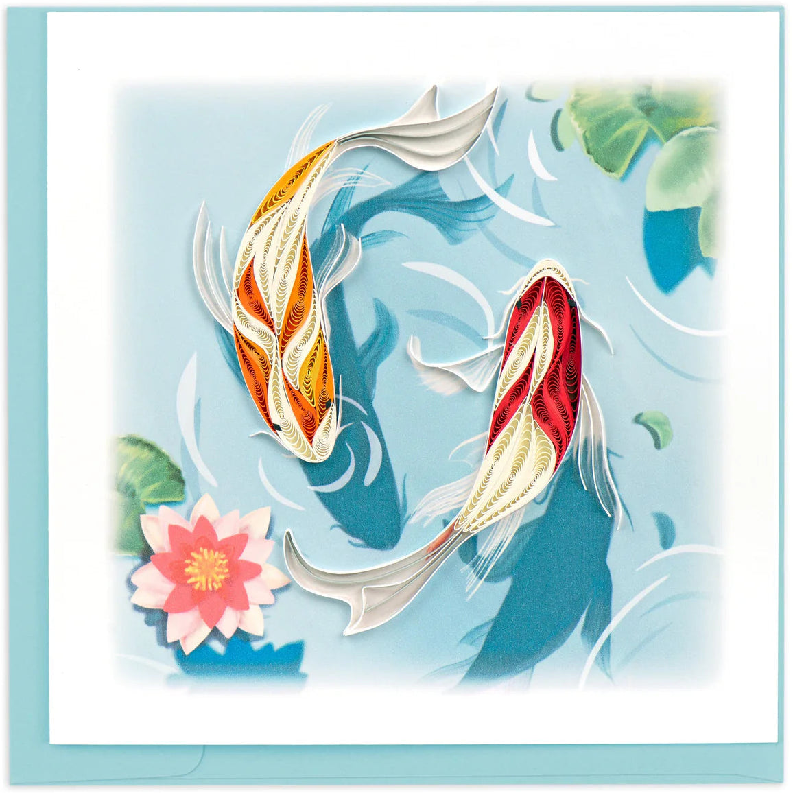 Decorative card with stylized koi fish and lotus flower on a light blue background