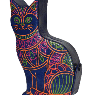 Colorful cat-shaped toy with intricate patterns on a white background