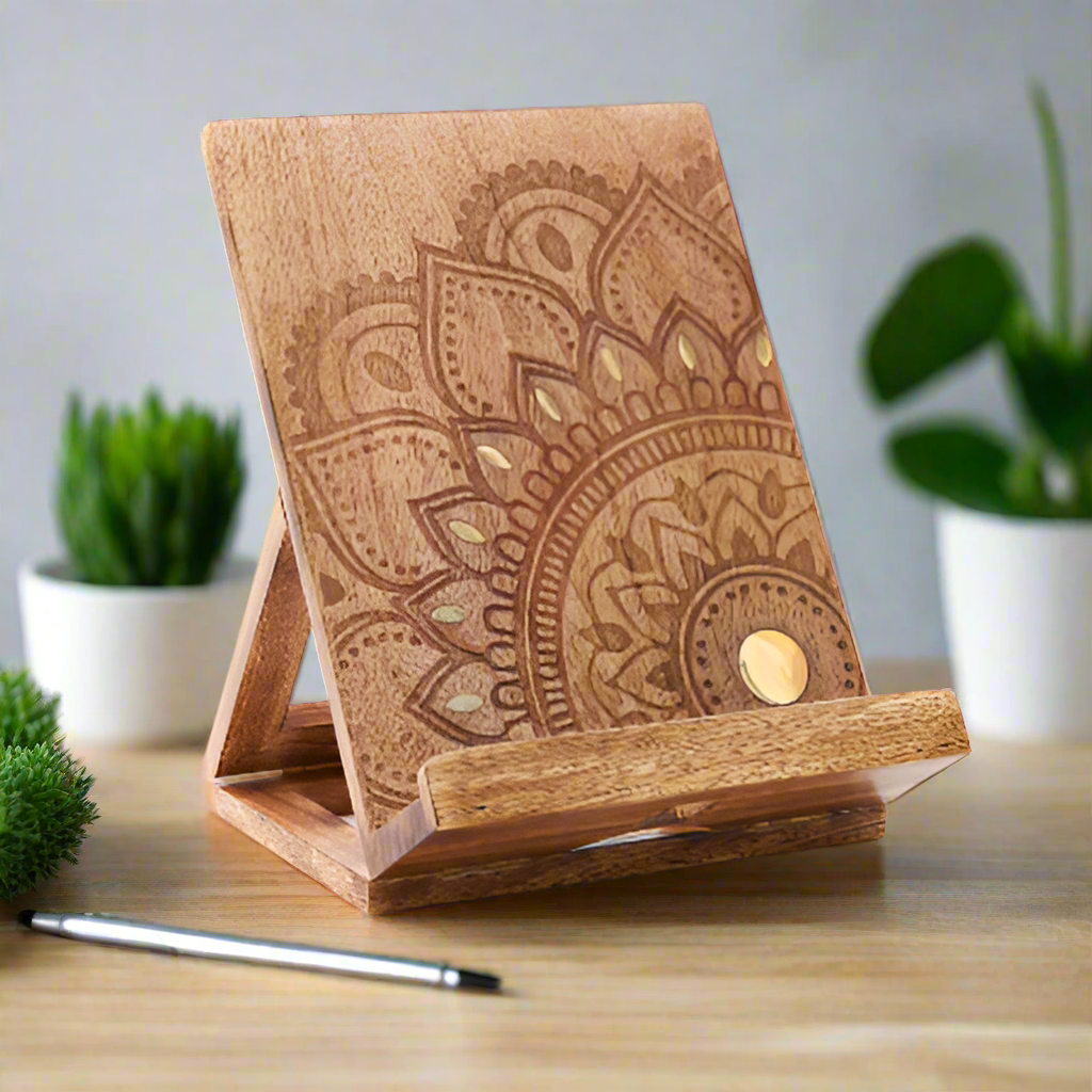 Hand-carved Tablet and Book Stand - Mandala Design