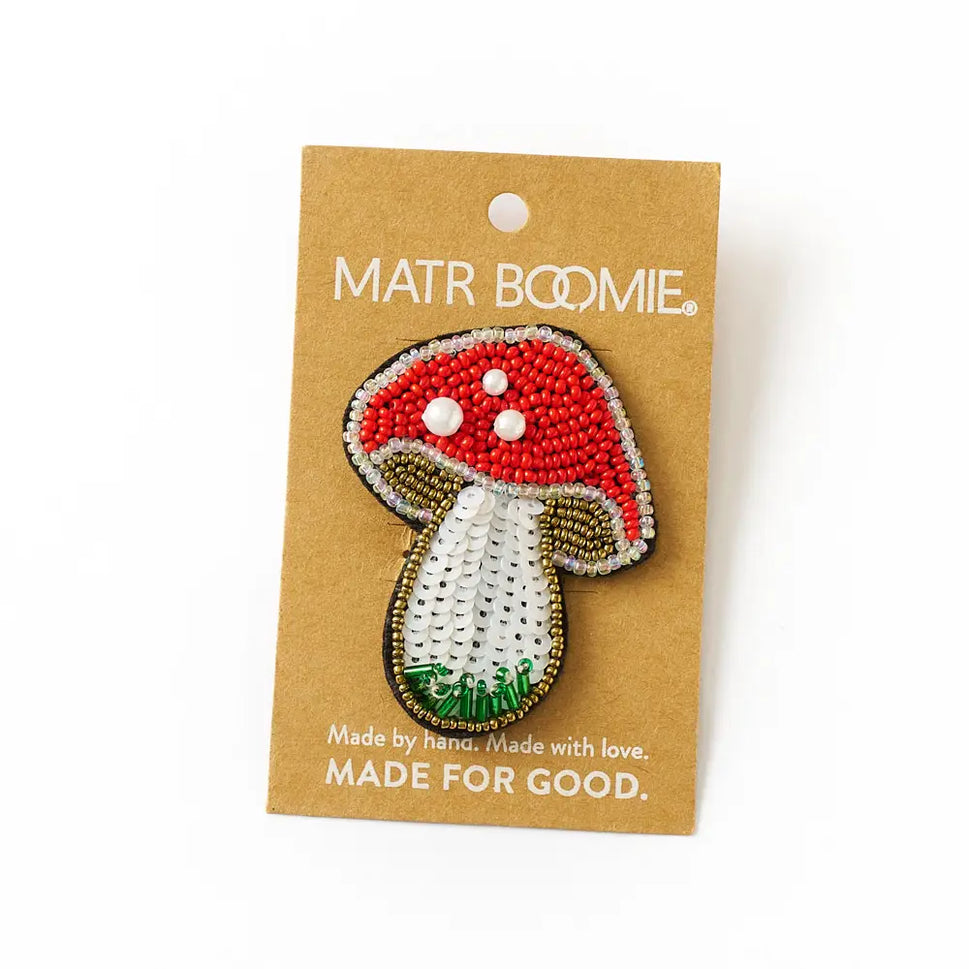 Bala Mani Beaded Mushroom Brooch Pin - Handmade