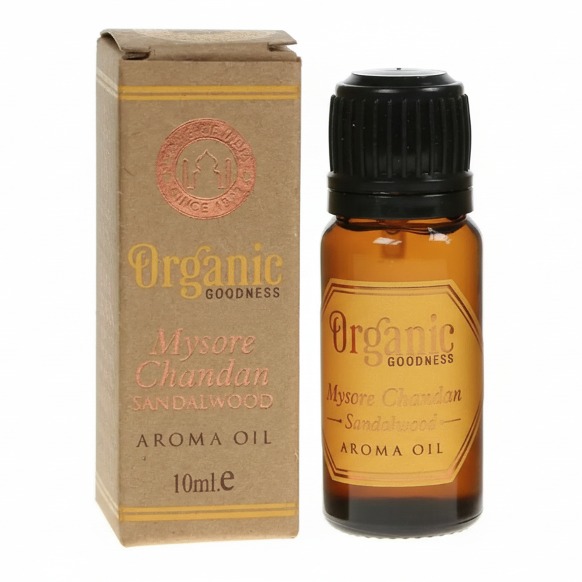 Mysore Chandan Sandalwood Aroma Oil bottle and packaging on a white background