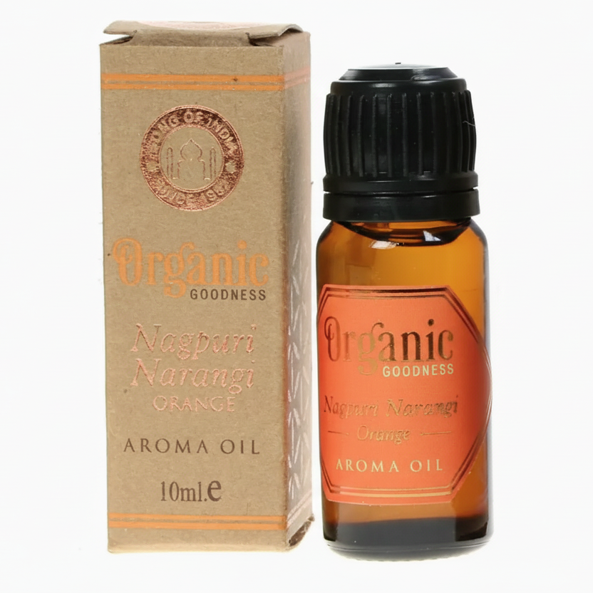 Aroma oil bottle and packaging with 'Organic Goodness Nagpuri Narangi Orange' branding on a white background