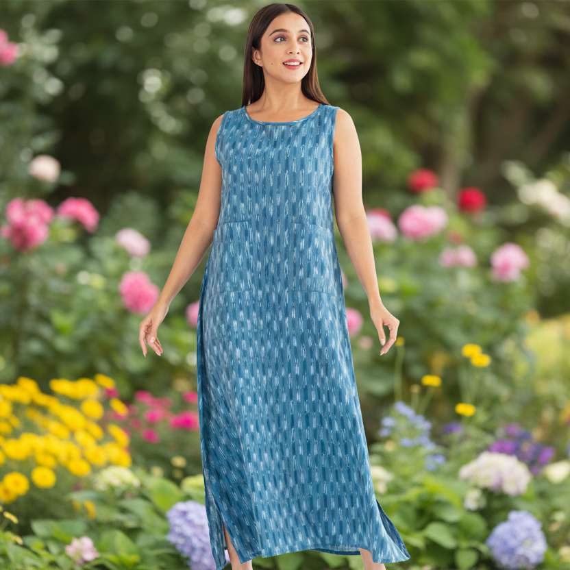 Sale Neela Ikat Handloom Dress Steel Blue S/M
