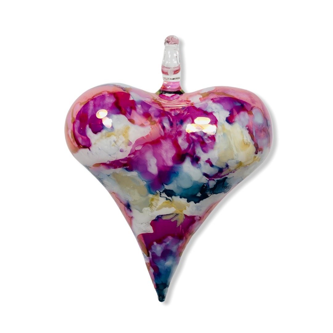 Blown Glass Heart Ornament Fuchsia  3.5"x2.8"