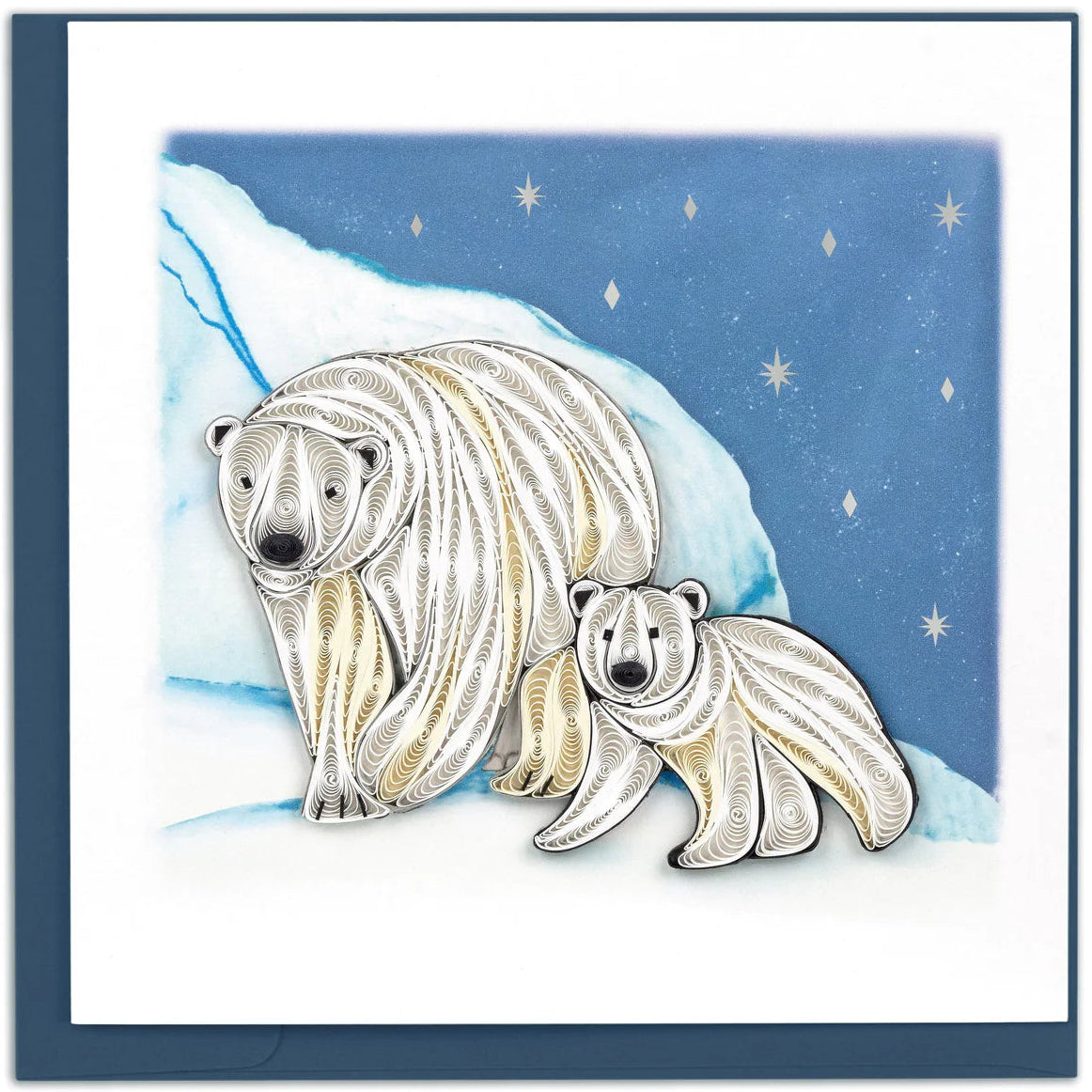 Card with polar bear and cub on a blue and white background