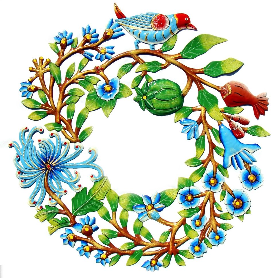 Painted Birds and Flowers Metal Door Wreath