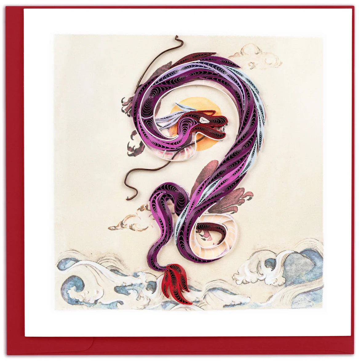 Colorful dragon illustration on a beige background with a red border