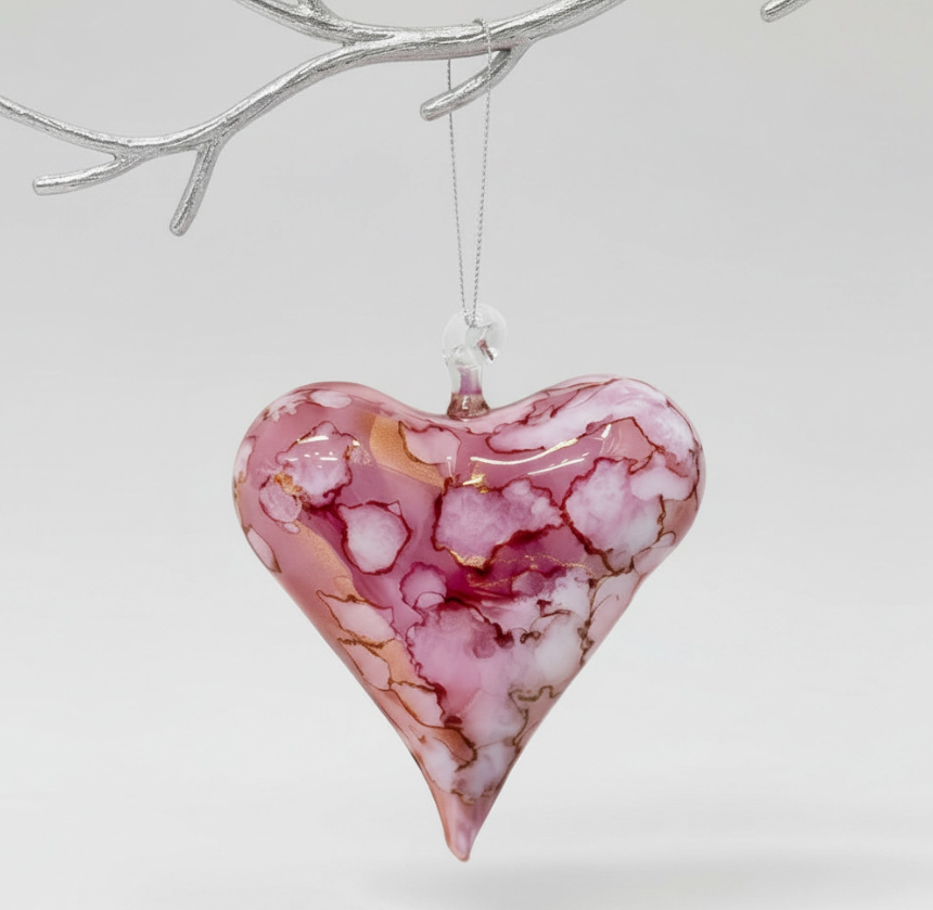 Blown Glass Heart Ornament Multi Pink 3.5"x2.8"
