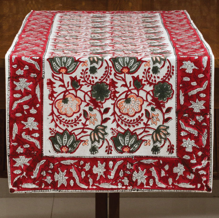 Hand Printed Red Floral Table Runner