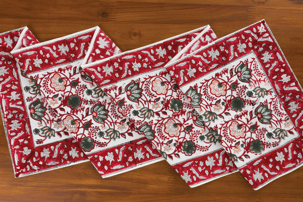 Hand Printed Red Floral Table Runner