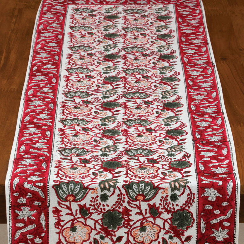 Hand Printed Red Floral Table Runner