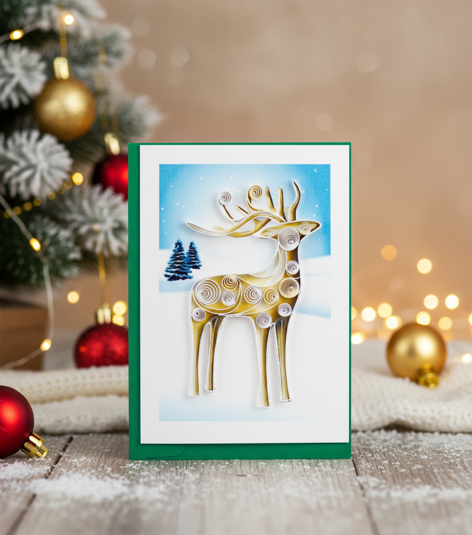 Decorative reindeer quilling card with a winter scene in the background