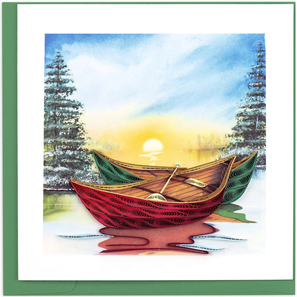 Illustration of a red and green boat on water with trees and a sunset in the background.