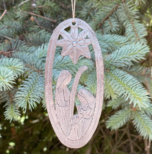 Oval Hammered Metal Nativity Ornament