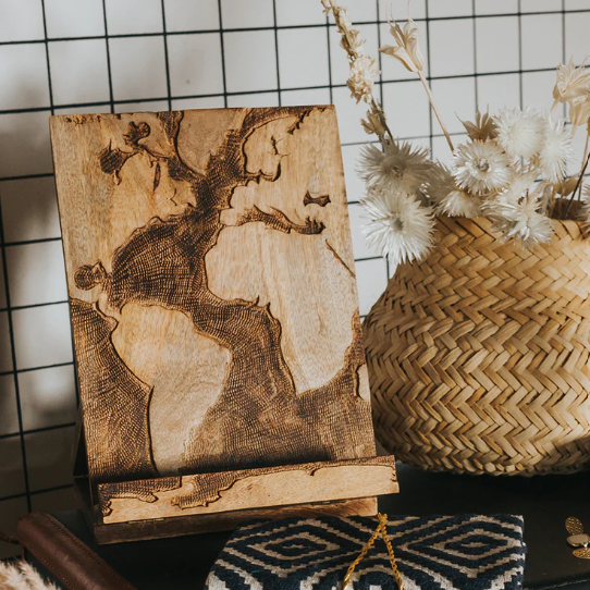 Hand-carved Tablet and Book Stand - World Map