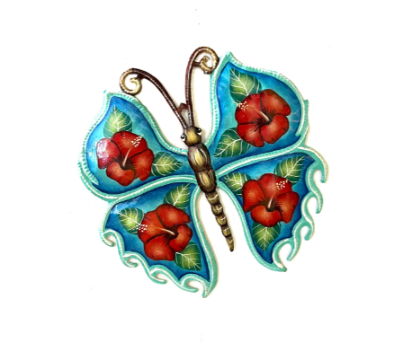 Butterfly With Hibiscus Hammered Metal Wall Art