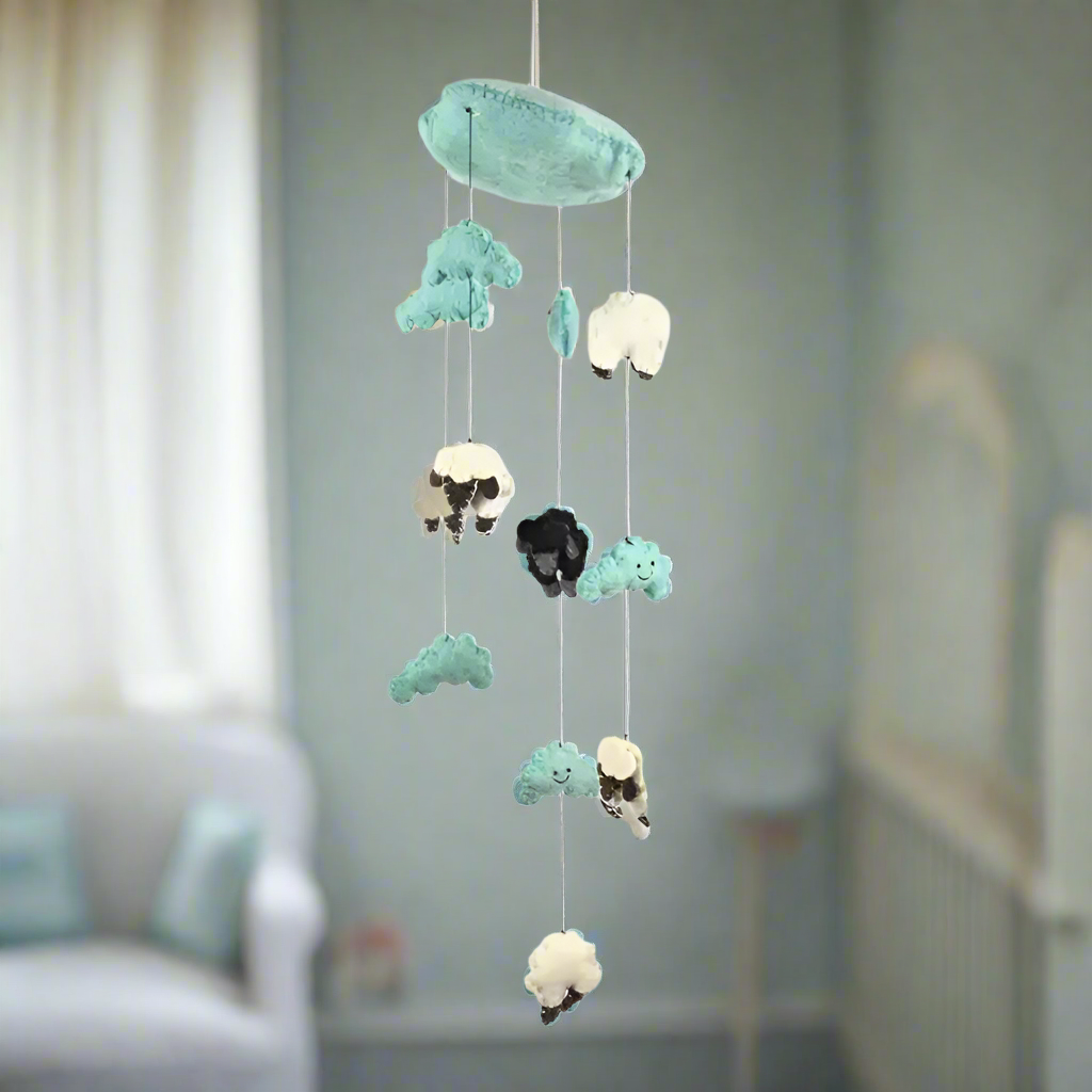 Hand-felted Blue Clouds & Sheep Mobile