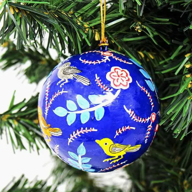 Handpainted Ornament Birds and Flowers, Blue