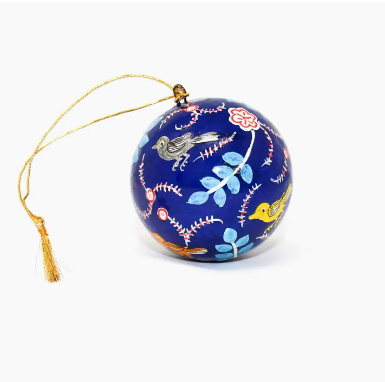 Handpainted Ornament Birds and Flowers, Blue