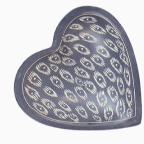 Grey Heart Shaped Trinket Dish Handcarved-Stone with Painted Designs - Small 3.5"