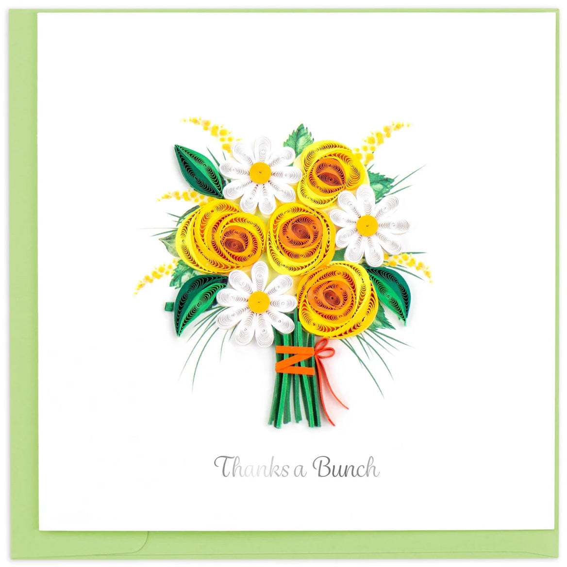 Card with a bouquet of yellow and white flowers and the text 'Thanks a Bunch' on a white background.