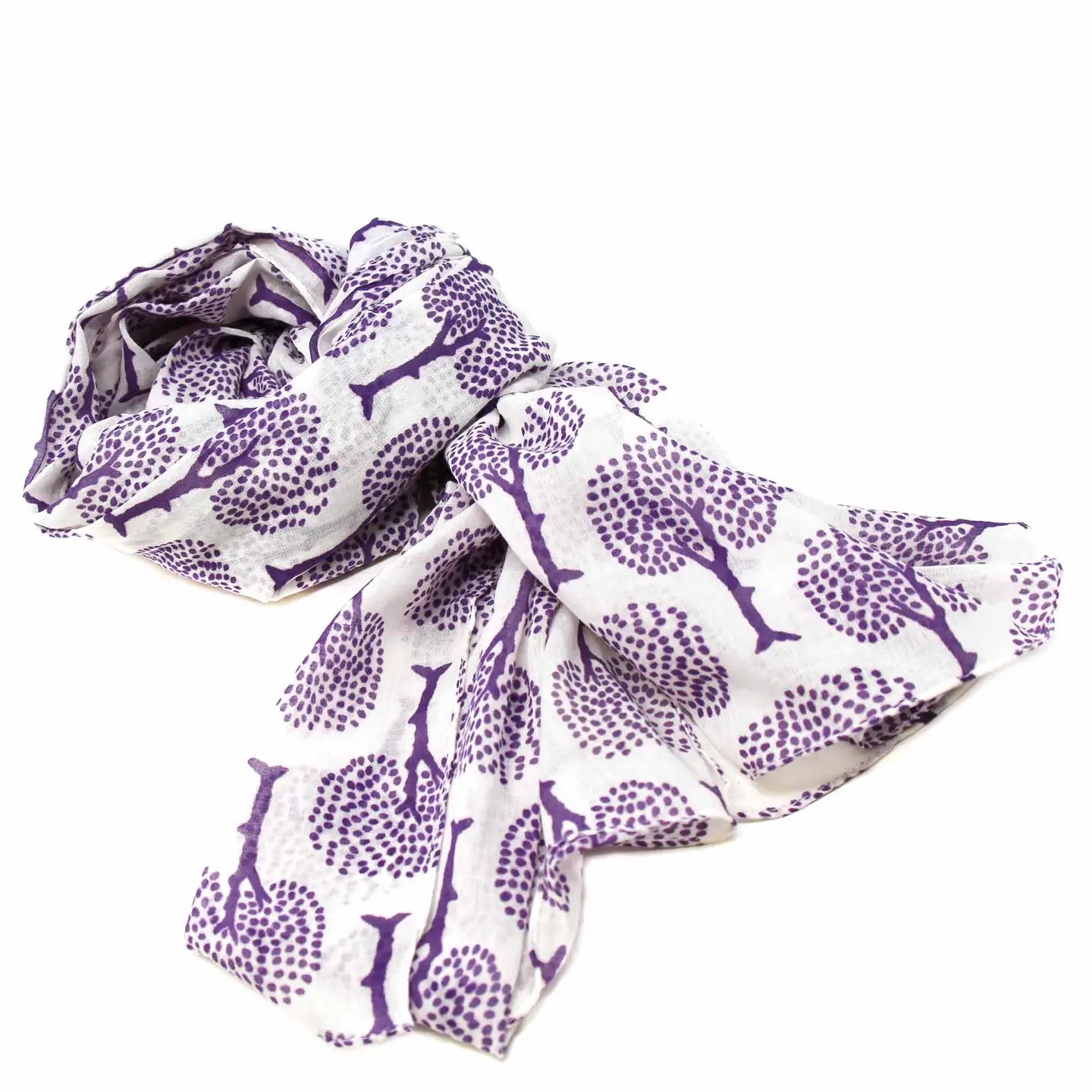 Scarf with purple tree pattern on white background