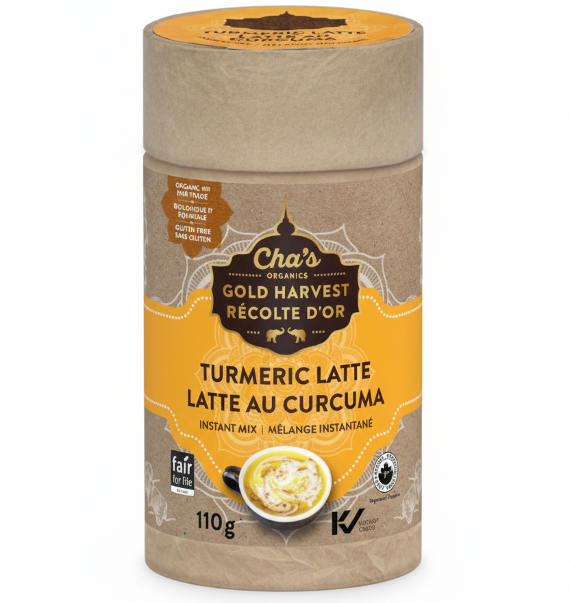 Turmeric latte mix container with gold and brown design on a white background