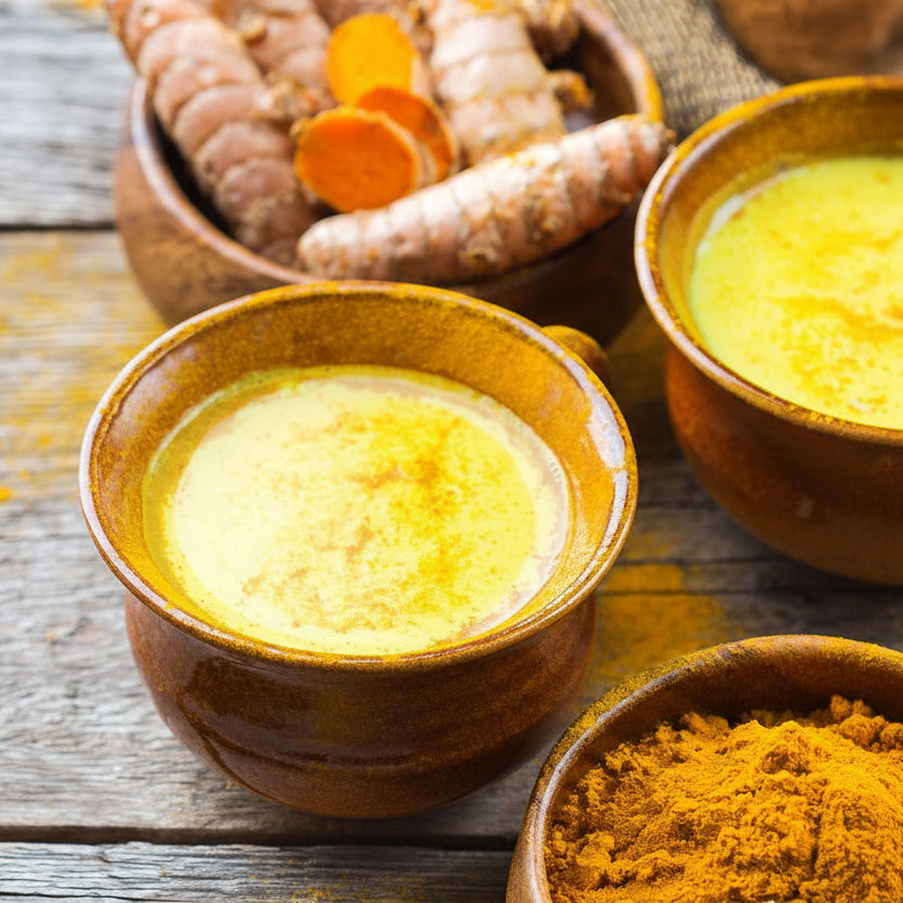 Two ceramic mugs filled with a yellow liquid, surrounded by turmeric roots on a wooden surface.