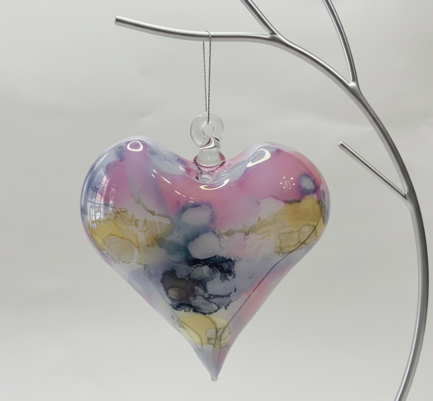 Blown Glass Heart Ornament Multi  Pastel 3.5"x2.8"