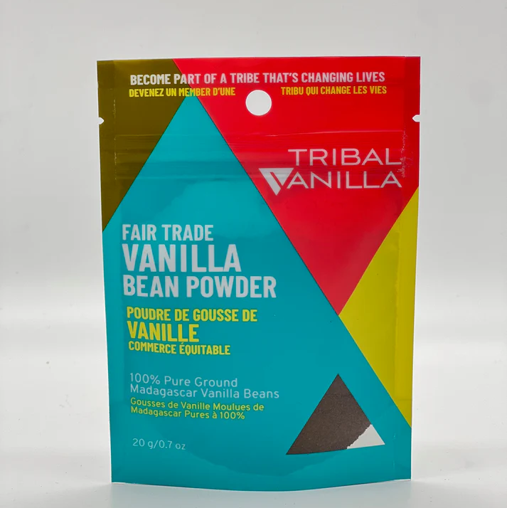 Tribal Vanilla fair trade vanilla bean powder packaging on a white background