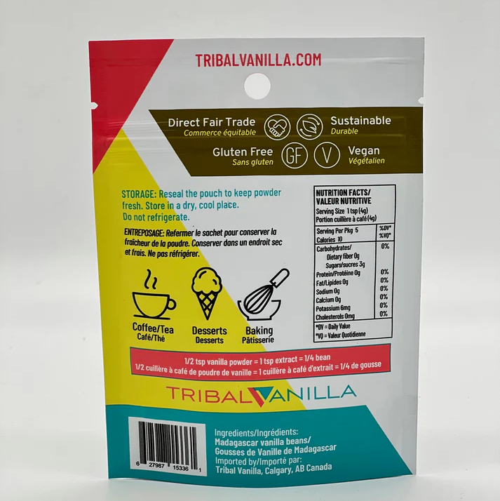 Tribal Vanilla product packaging with colorful design and branding on a white background